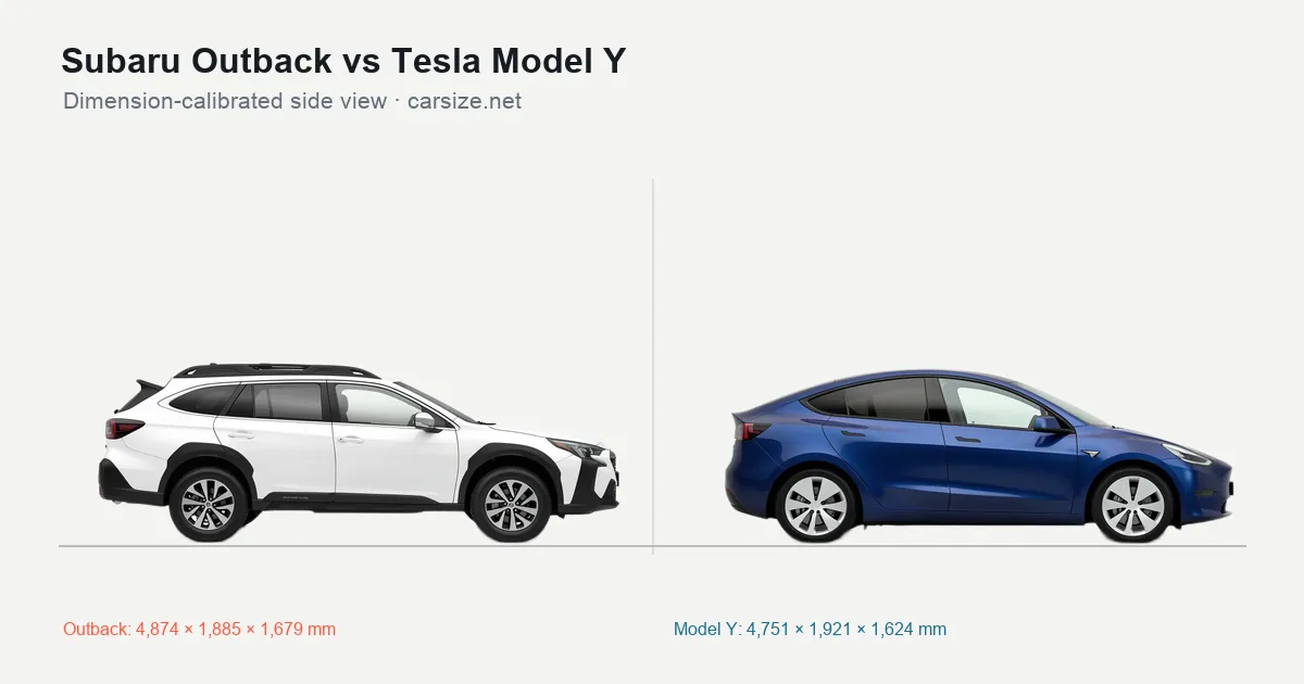 Subaru Outback and Tesla Model Y compared to scale from the side
