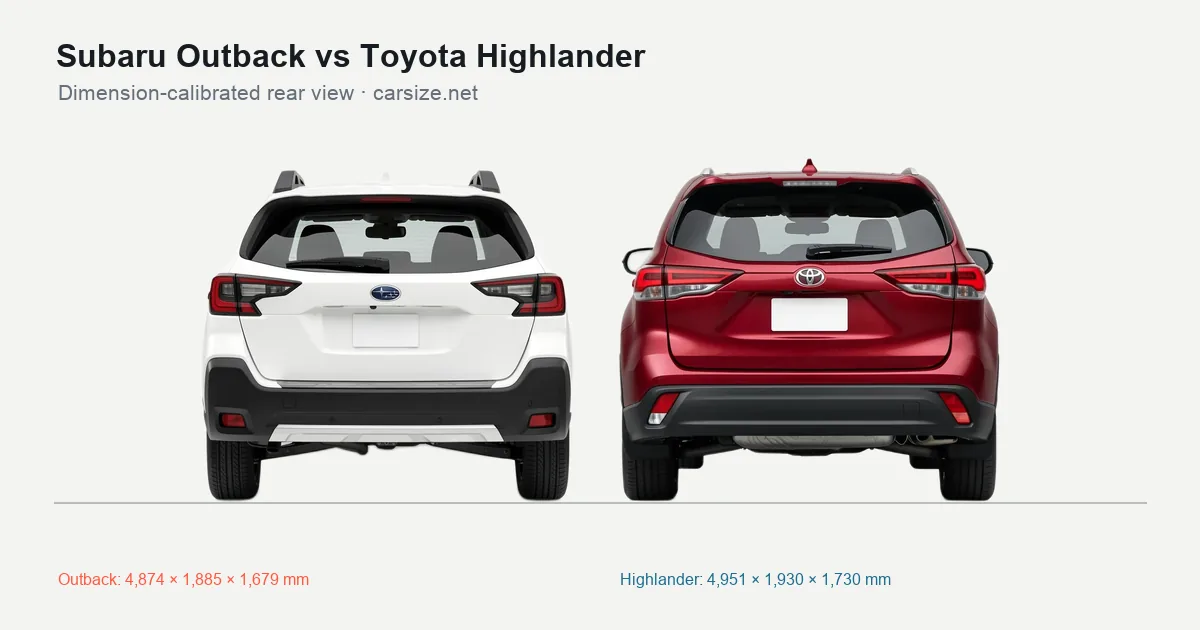 Subaru Outback and Toyota Highlander compared to scale from the rear