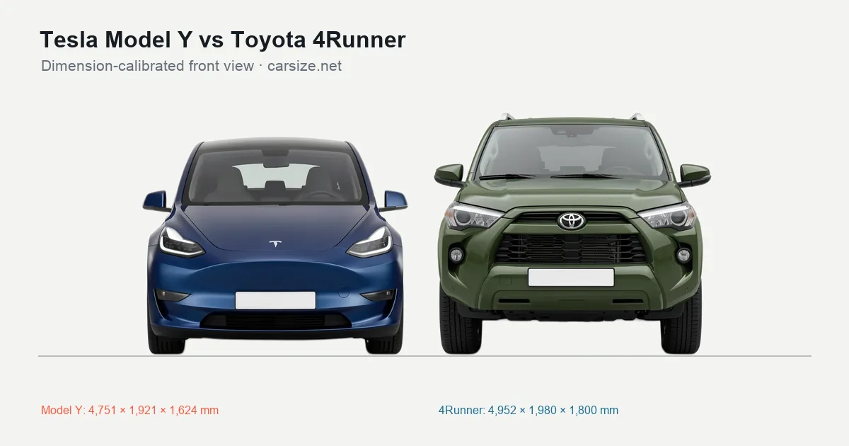 Tesla Model Y and Toyota 4Runner compared to scale from the front
