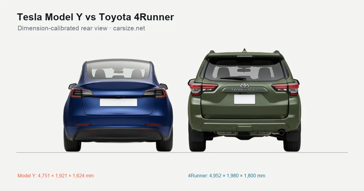 Tesla Model Y and Toyota 4Runner compared to scale from the rear