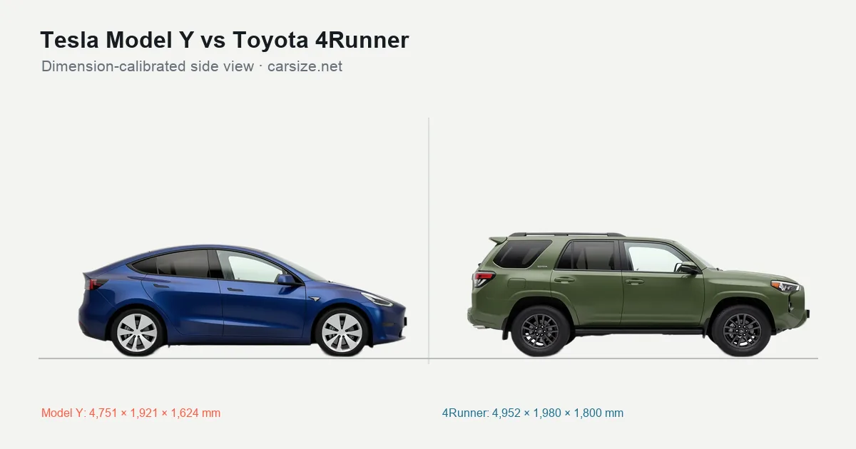 Tesla Model Y and Toyota 4Runner compared to scale from the side