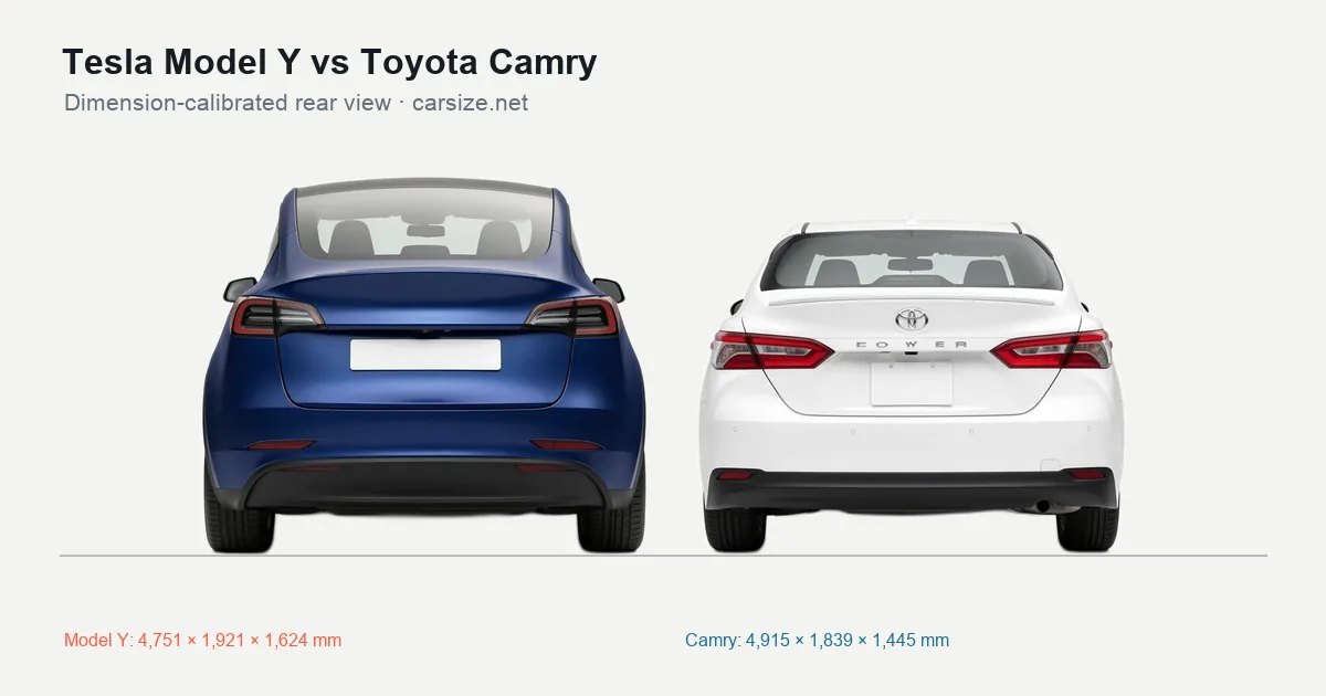 Tesla Model Y and Toyota Camry compared to scale from the rear