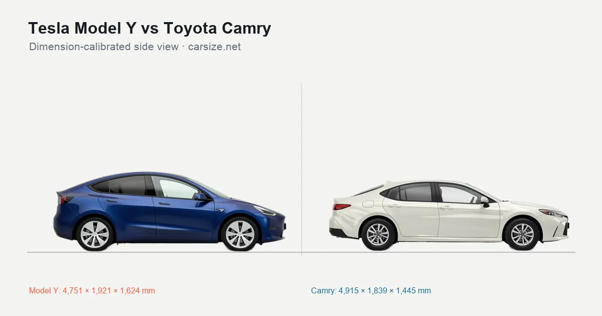 Tesla Model Y and Toyota Camry compared to scale from the side