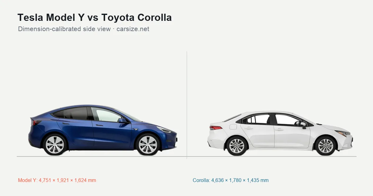 Tesla Model Y and Toyota Corolla compared to scale from the side