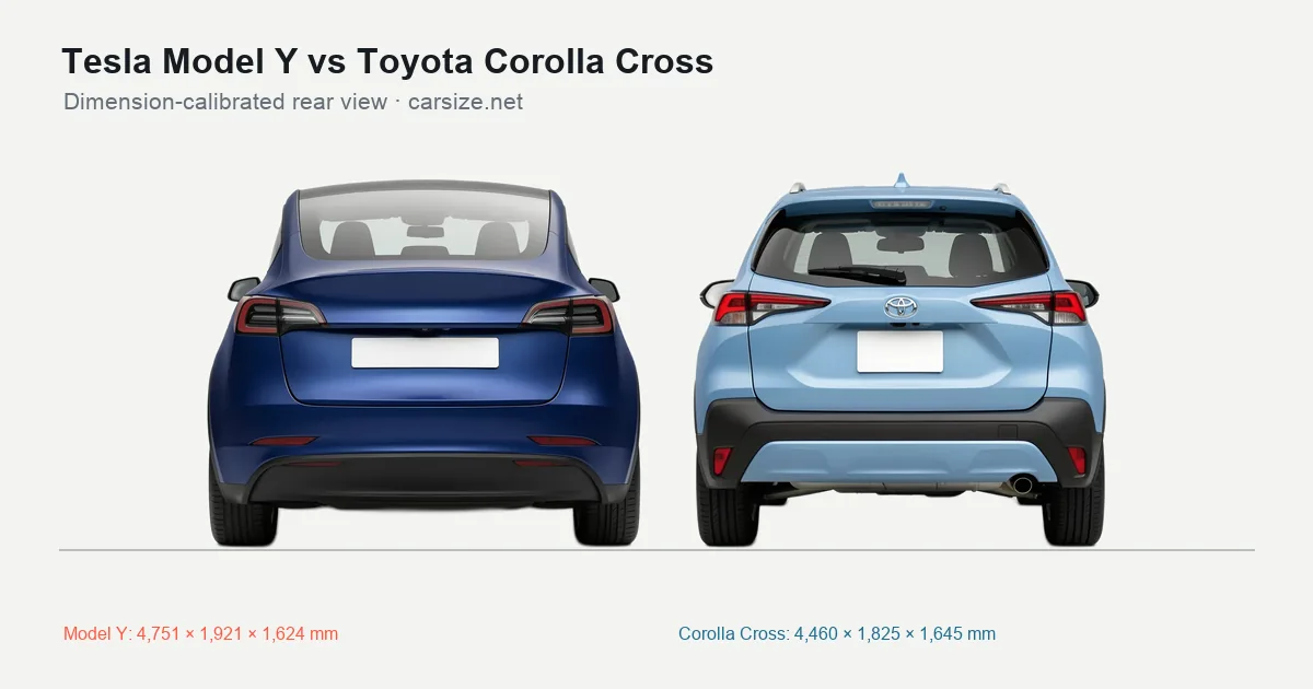 Tesla Model Y and Toyota Corolla Cross compared to scale from the rear