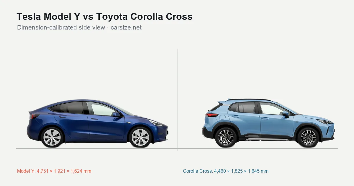 Tesla Model Y and Toyota Corolla Cross compared to scale from the side