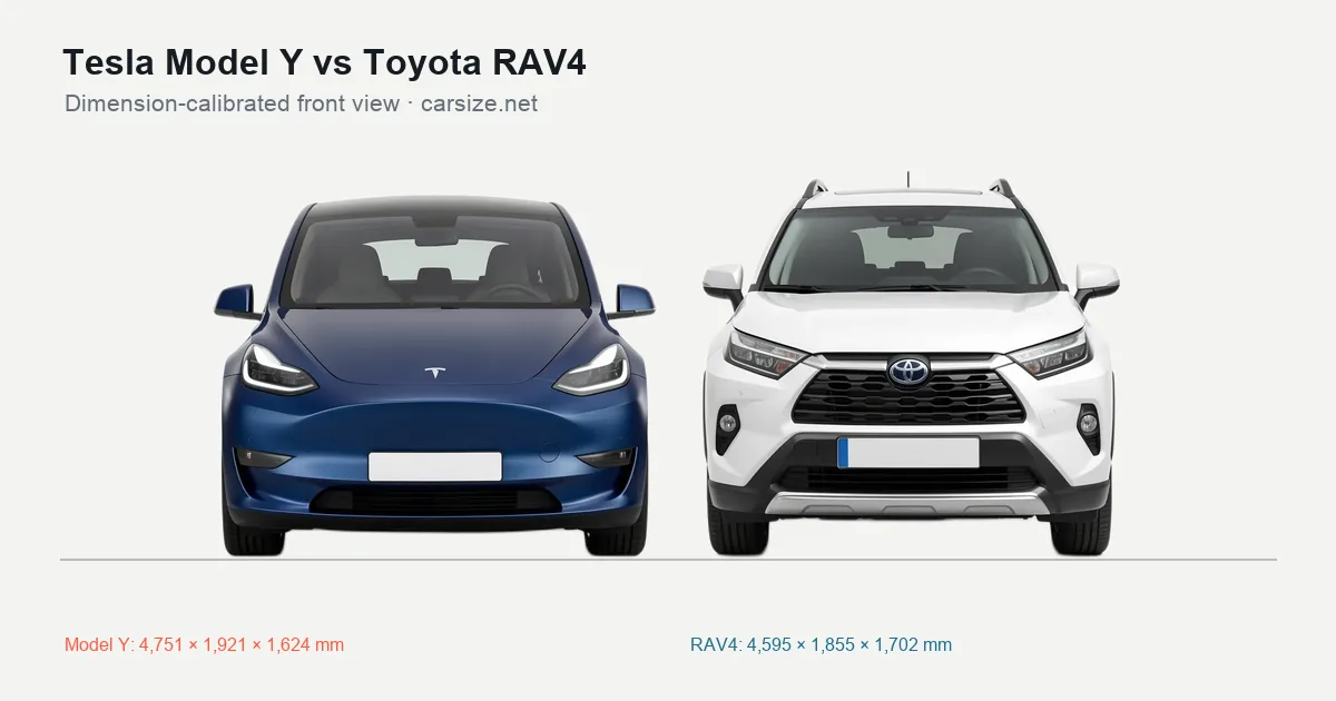 Tesla Model Y and Toyota RAV4 compared to scale from the front