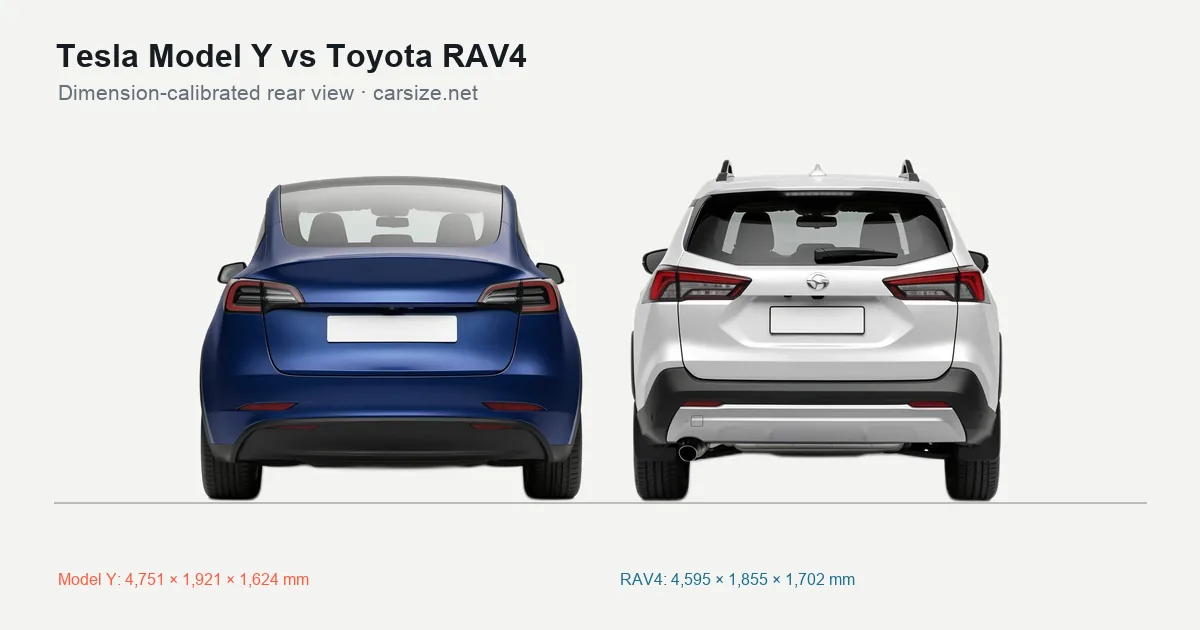 Tesla Model Y and Toyota RAV4 compared to scale from the rear