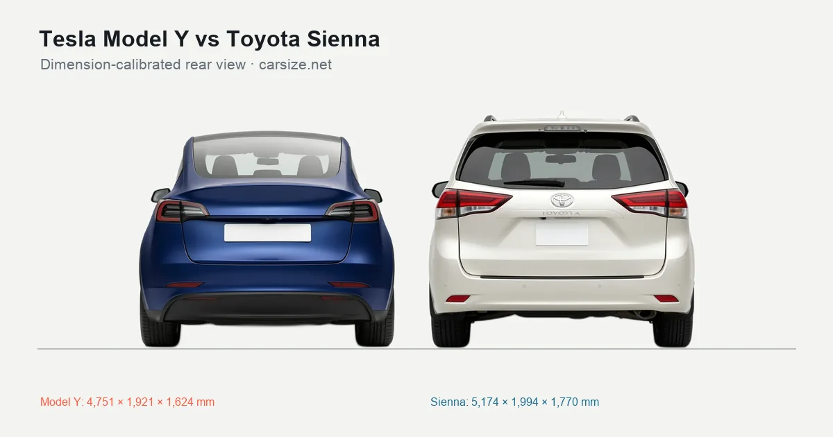 Tesla Model Y and Toyota Sienna compared to scale from the rear