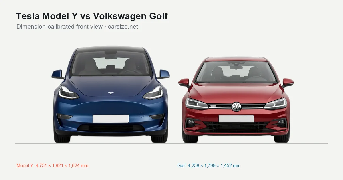 Tesla Model Y and Volkswagen Golf compared to scale from the front