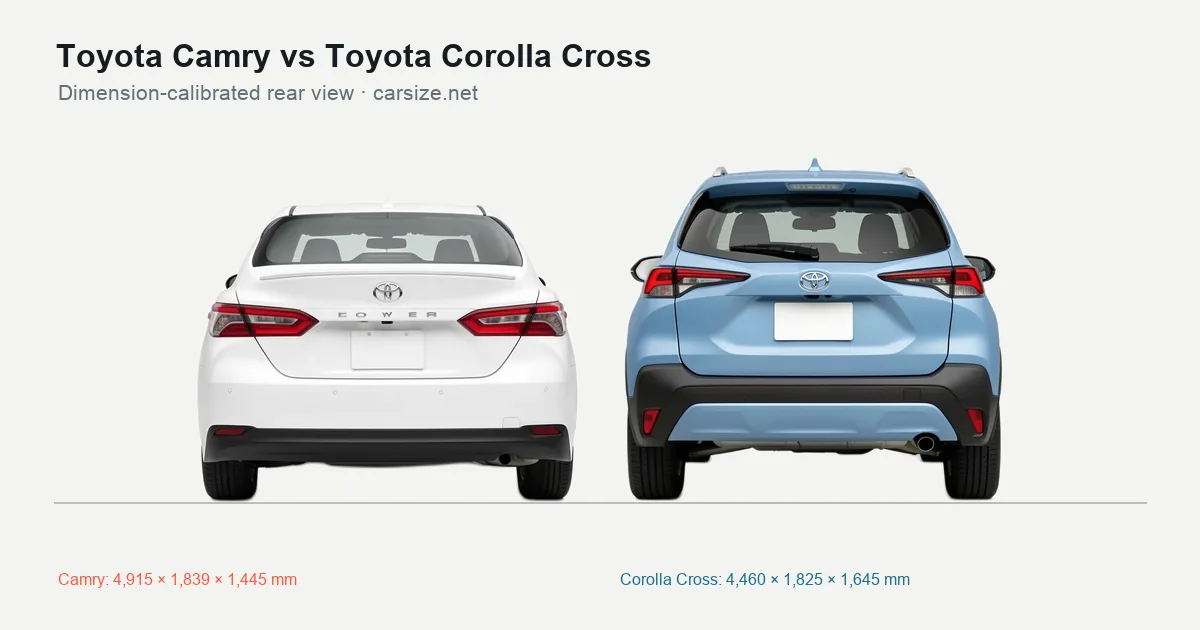 Toyota Camry and Toyota Corolla Cross compared to scale from the rear