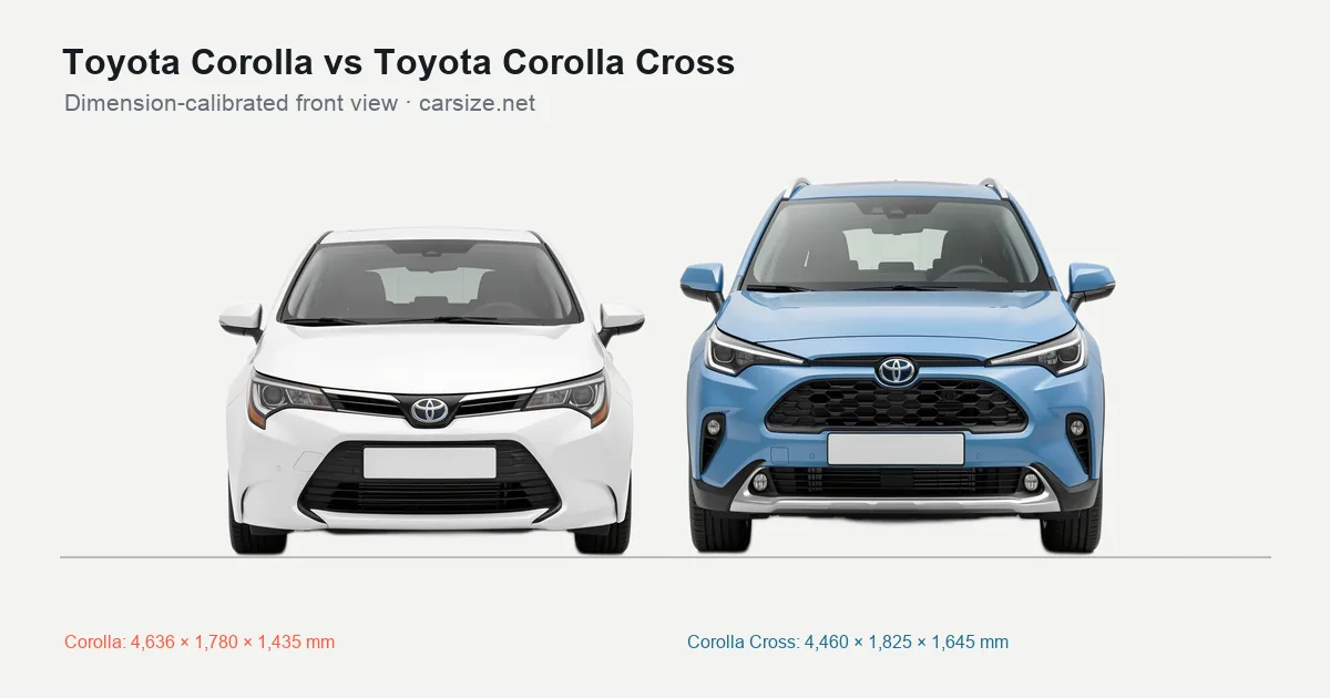 Toyota Corolla and Toyota Corolla Cross compared to scale from the front