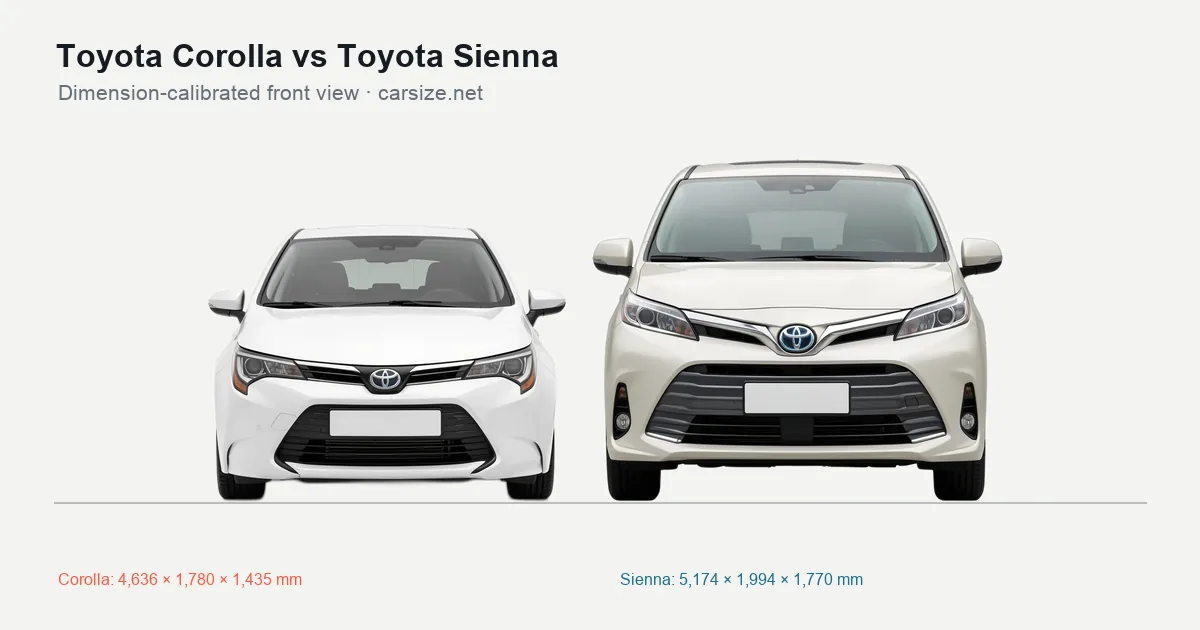 Toyota Corolla and Toyota Sienna compared to scale from the front