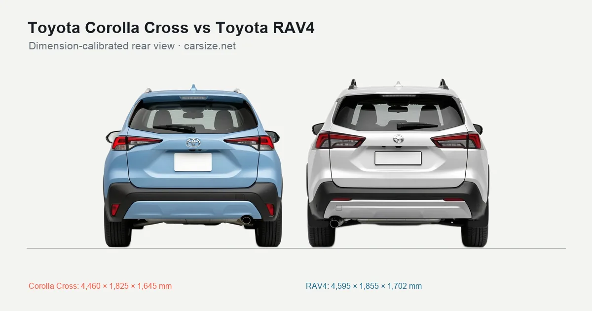 Toyota Corolla Cross and Toyota RAV4 compared to scale from the rear